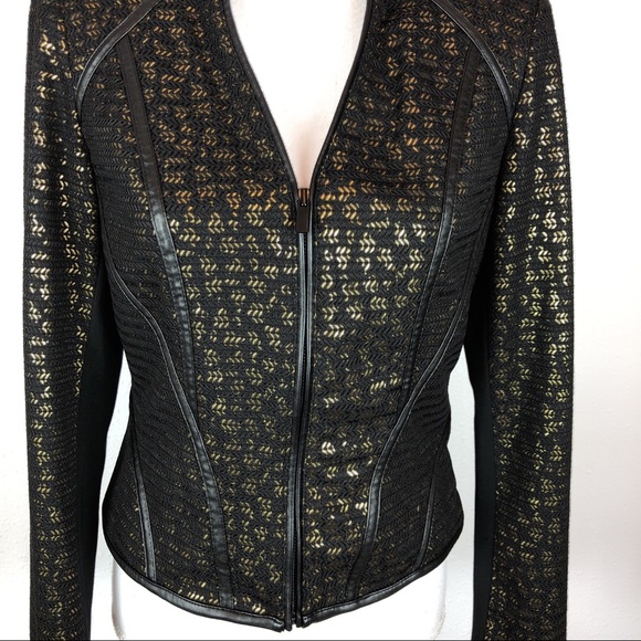 Cache Leather Trim Black Gold Jacket Blazer Size 4 - Picture 5 of 7